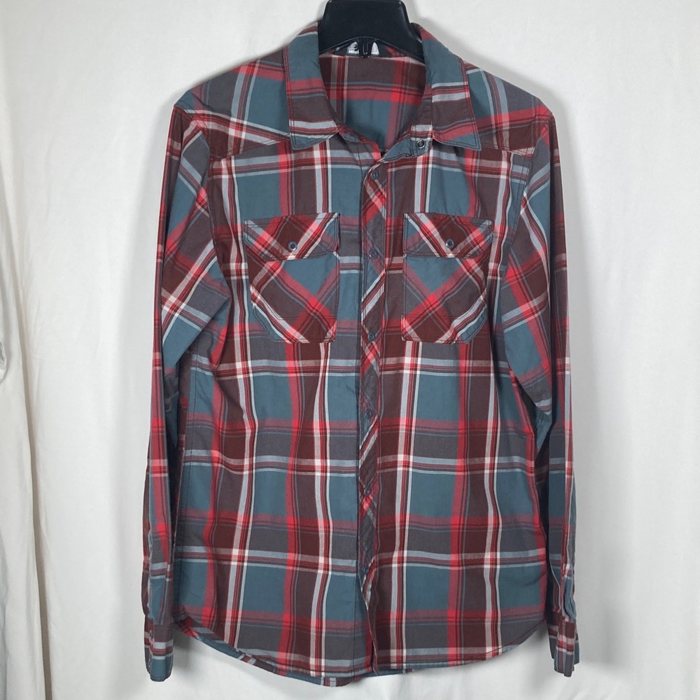 The North Face Red and Gray Plaid Snap Button Shirt Sz M
